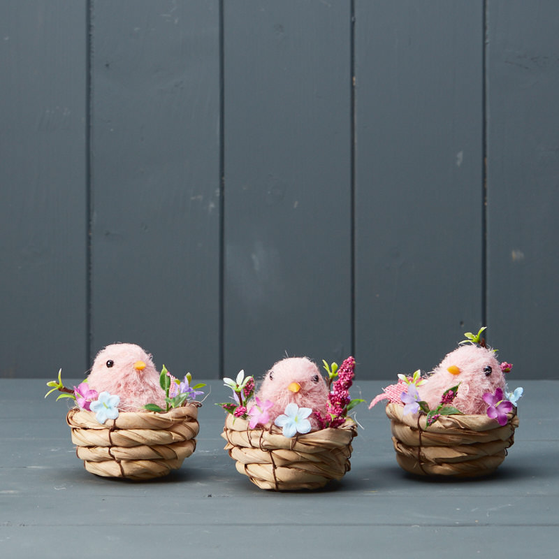 Three Raffia Nests with Pink Birds and Flowers detail page